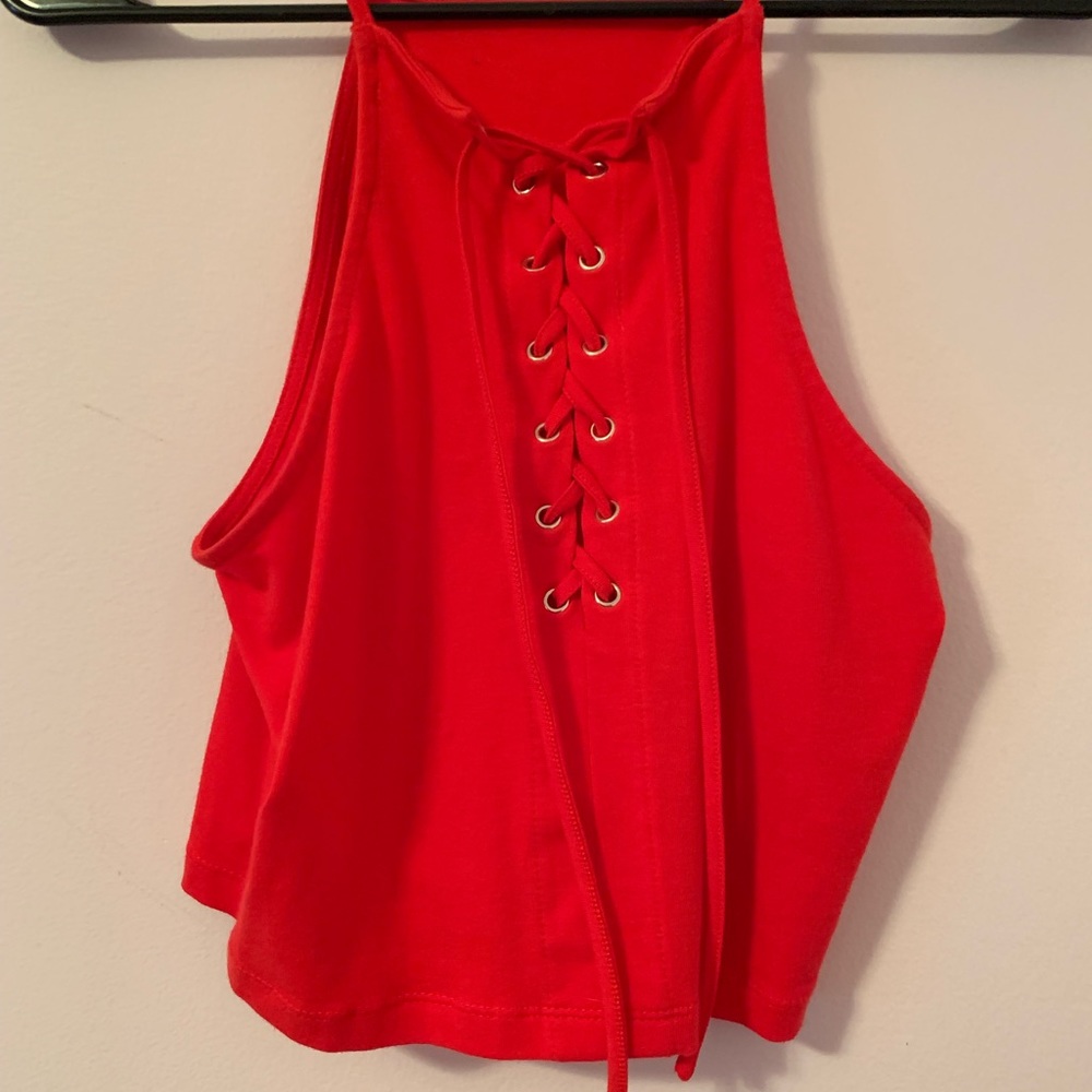 Red tie front halter top
